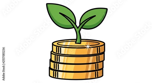 Green sprout growing on a stack of four gold coins