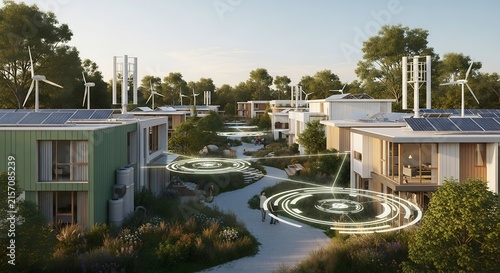 Modern eco friendly residential neighborhood with renewable energy