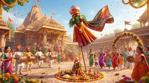 3D colourful Gudi Padwa festival with a temple backdrop and traditional decorations