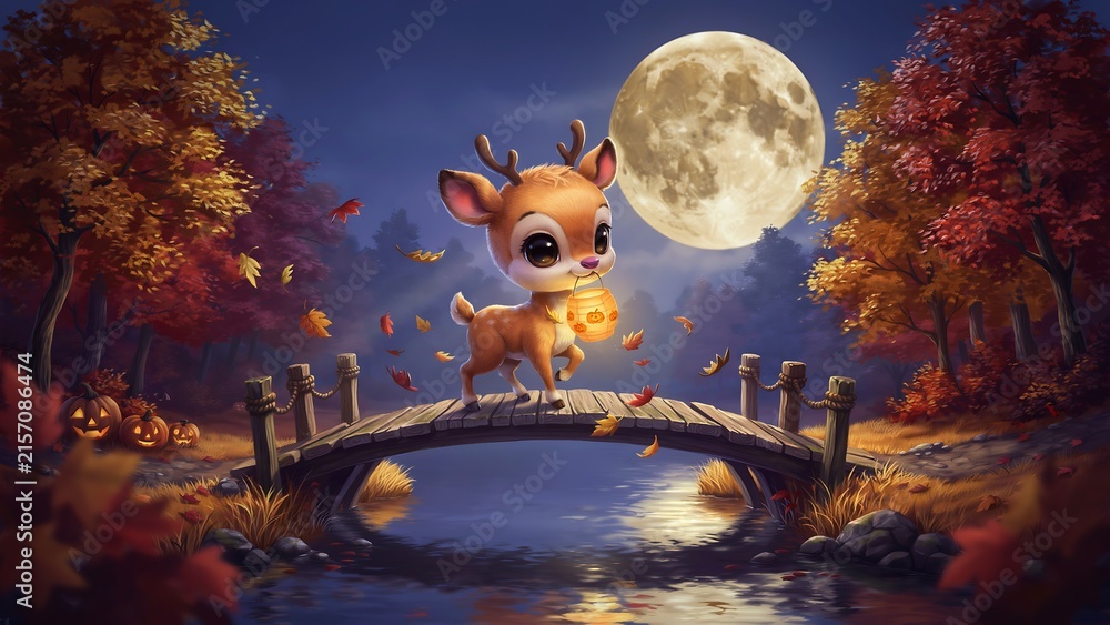 Fototapeta premium Cute Baby Deer Carrying a Glowing Halloween Pumpkin Lantern on a Wooden Bridge in an Enchanted Autumn Forest Under a Full Moon