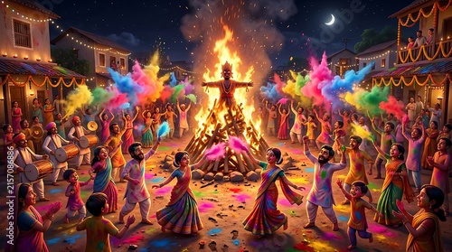 Holika Dahan celebration in three dimensions using vibrant powders and fire
