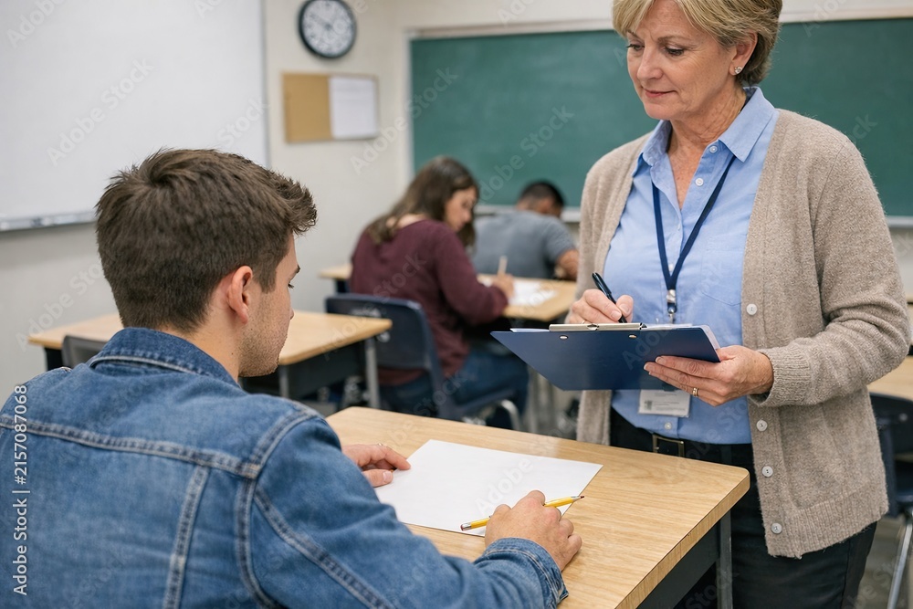 Fototapeta premium A teacher stands beside a student in a traditional classroom setting