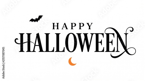 Happy halloween typography design with a flying bat and crescent moon icon