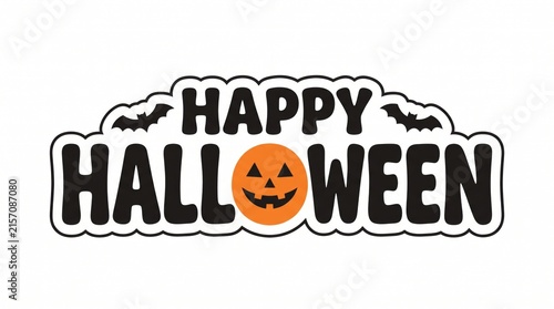 Happy halloween greeting text label with a cute orange pumpkin and black bats decoration