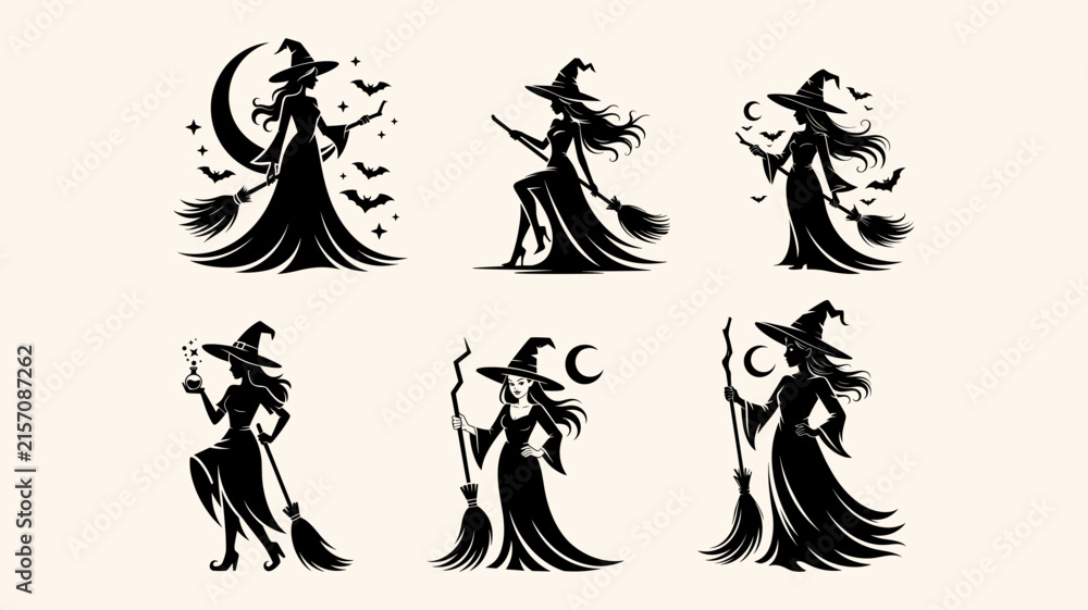 Fototapeta premium Collection of six black silhouette of witches in long dresses, holding broomsticks, with moons, bats, and magic potions