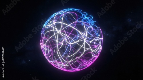 Abstract Blue Plasma Sphere with Glowing Energy, Cosmic Particles and Fractal Light Waves for Science, Technology and Futuristic Space Design