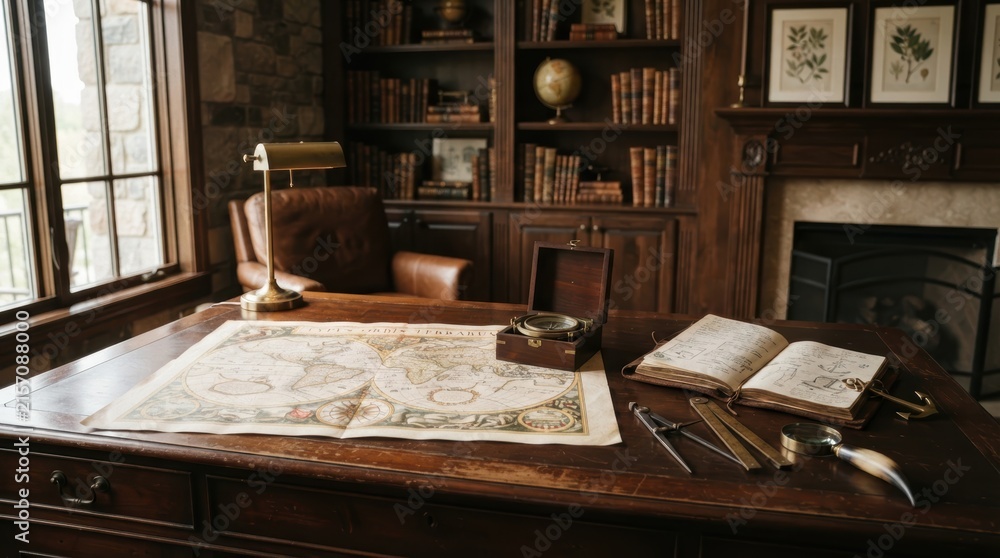 Fototapeta premium Antique desk with navigational tools and old world map for exploration and study