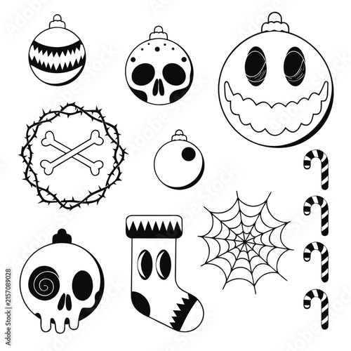 coloring page line art christmas icon set ornament black vector