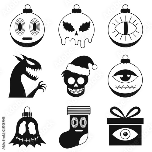 coloring page line art christmas icon set ornament black vector