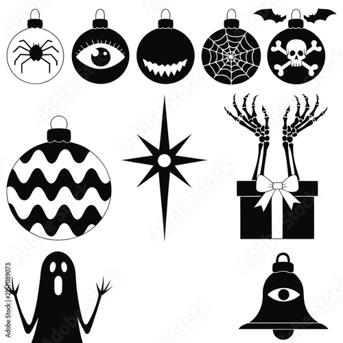 coloring page line art christmas icon set ornament black vector