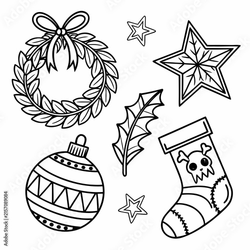 coloring page line art christmas icon set ornament black vector