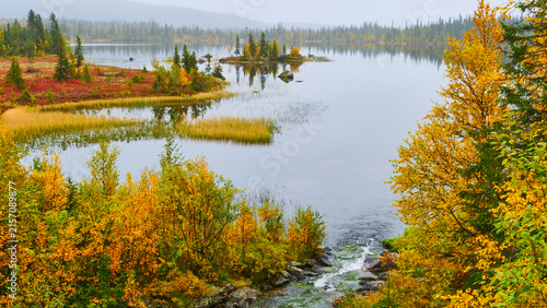 view on lake in nordic autumnally colored landscape 381