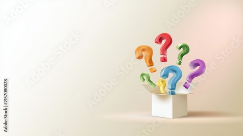 a cluster of colorful 3D question marks emerging from a small white open box at the bottom right, space for adding text, suitable for presentation slides, educational content, and business use