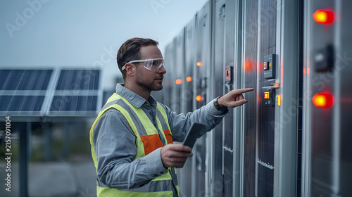 Male engineer in a safety vest and goggles inspecting solar inverters and electrical equipment at a photovoltaic site