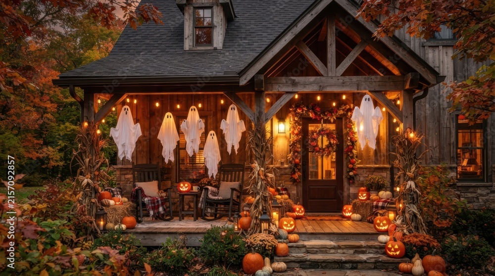 Fototapeta premium Cozy cabin porch decorated for Halloween with pumpkins and ghost decorations