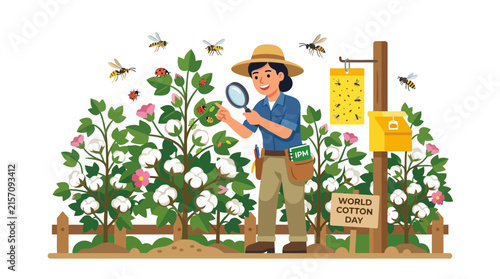 Botanist Inspecting Cotton Plants with Magnifying Glass