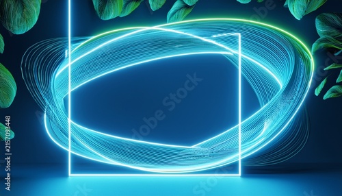 abstract minimalist linear neon frame with rounded corners against the blue background bright light leaves glowing trail 3d rendering