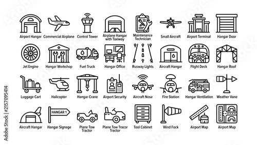 Collection of airport and hangar related icons with transparent backgrounds