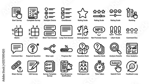 Collection of survey question types and form elements icons with transparent background