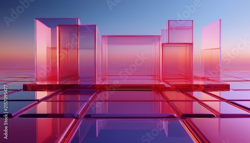 3d render abstract geometric background translucent glass with pink red violet gradient simple square shapes