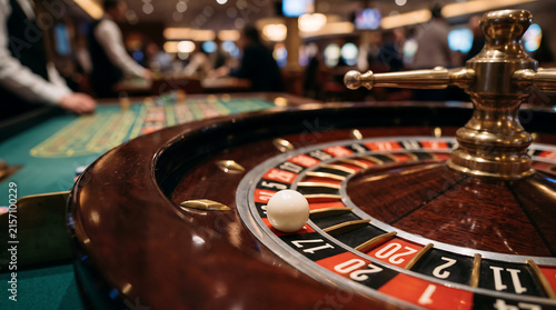 Elegant roulette table with realistic roulette wheel, colorful casino chips, green gaming felt, luxury casino interior softly blurred in background, warm dramatic lighting, premium atmosphere