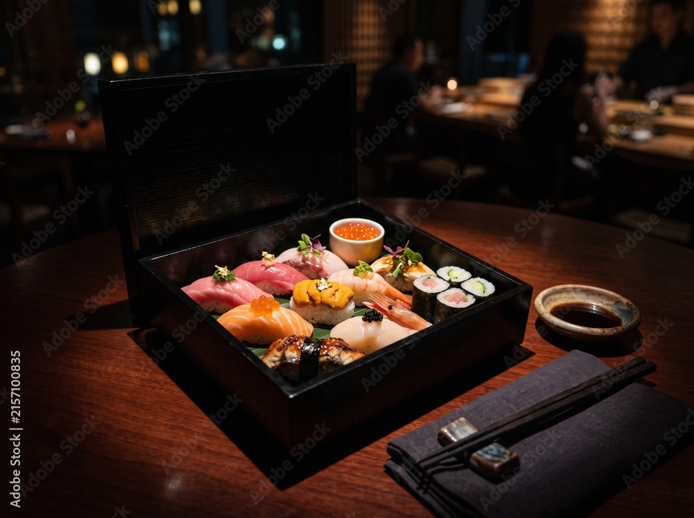 Fototapeta premium Assorted sushi and rolls in black bento box at dark restaurant setting.