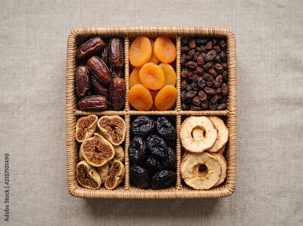 Fototapeta premium Square woven basket filled with various dried fruits for healthy snacks.