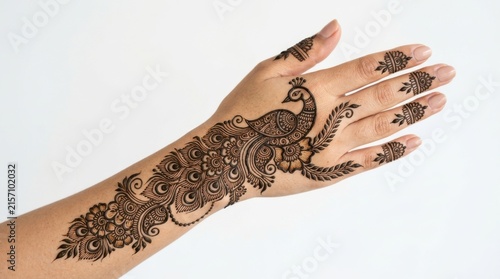 Intricate henna design featuring a peacock adorns a hand against a plain white background mehndi ornament floral pattern skin temporary