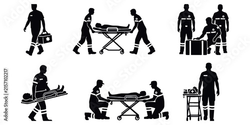 Black silhouettes of paramedics and emergency medical technicians working with stretchers, medical equipment, and patients on a plain white background, for healthcare