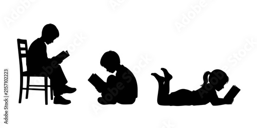 Black silhouettes of three children reading books, one sitting on a wooden chair, one sitting on the floor, and one lying on their stomach on a white background