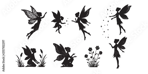 Set of black silhouettes of fairies with wings in various poses, including flying, sitting, and interacting with flowers, isolated on a white background, for fantasy