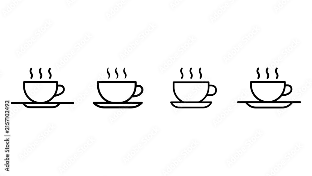 Fototapeta premium Set of four coffee cup icons on saucers with steam symbols isolated on white background.