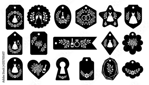 Decorative wedding themed tags set with black silhouettes of bridal gowns floral bouquets champagne rings for party favors and decor, silhouette