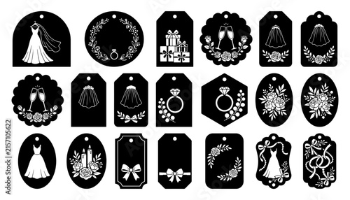 Set of elegant black wedding gift tags featuring silhouettes of bridal dresses wedding rings floral wreaths gift boxes for event decor, silhouette