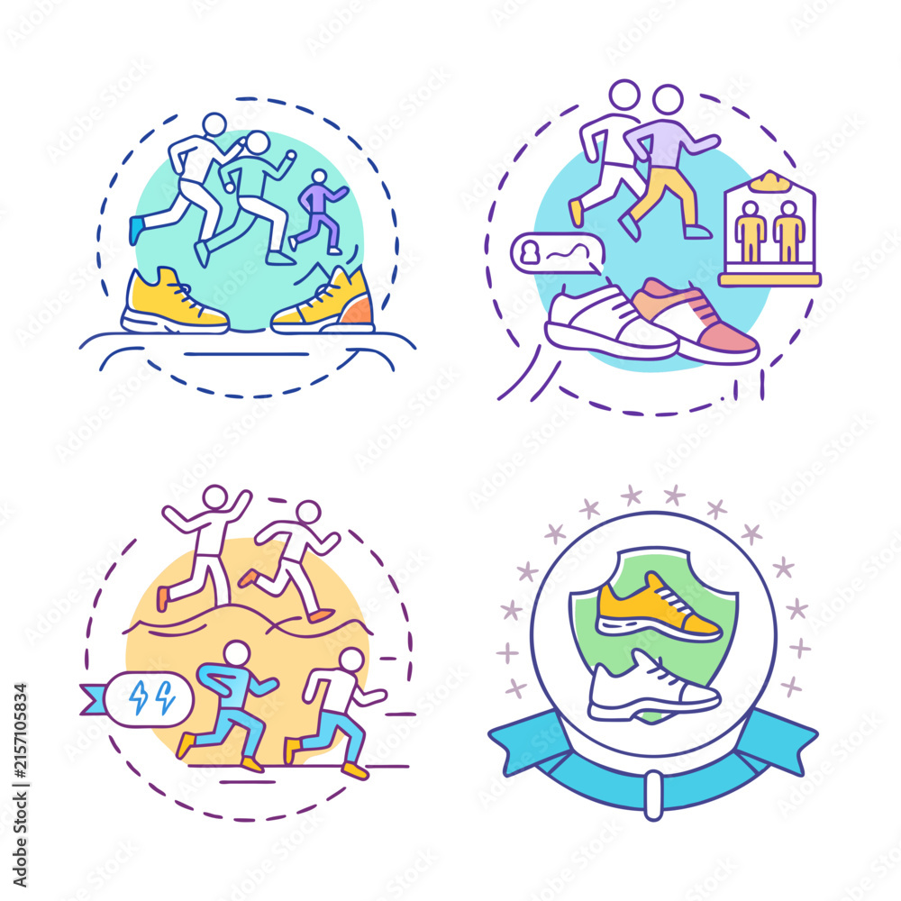 Fototapeta premium Colorful flat icons for health and nature themes - Four cheerful icons showing medical aid, recycling, gardening, and healthy food concepts in a vibrant flat design style.
