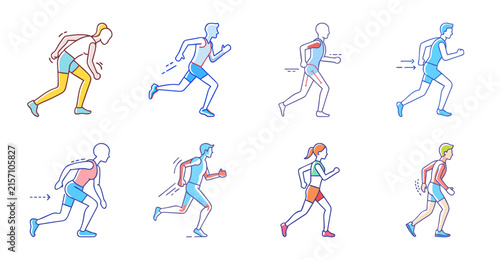 Cartoon runners with different poses and colors - Colorful cartoon figures running in dynamic poses, ideal for sports or fitness illustrations.