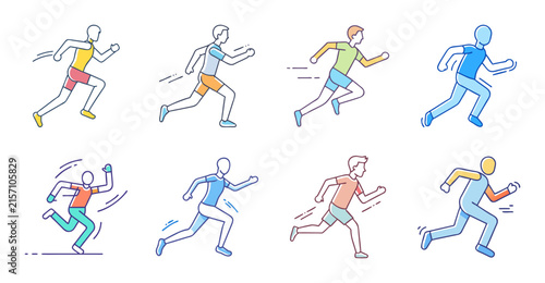 Colorful runners exercising together outdoors - Bright vector illustration of diverse people running and exercising happily in a sunny outdoor setting.