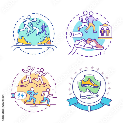 Colorful flat icons for health and nature themes - Four cheerful icons showing medical aid, recycling, gardening, and healthy food concepts in a vibrant flat design style.
