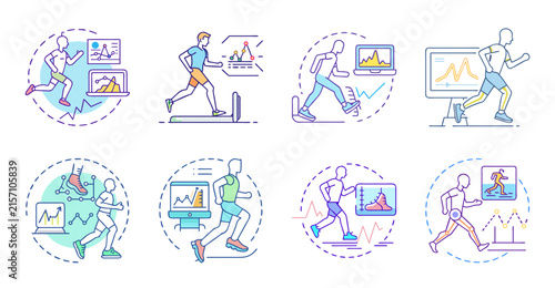 Happy diverse people working with modern technology - Illustrated vector icons showing cheerful professionals collaborating using laptops, tablets, and digital tools in a creative workspace.
