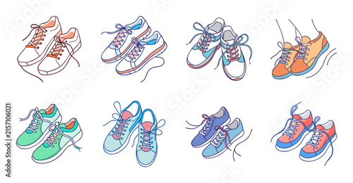 Colorful children's sneakers collection - Bright and playful assortment of kids' sneakers in various styles and colors arranged in a grid.