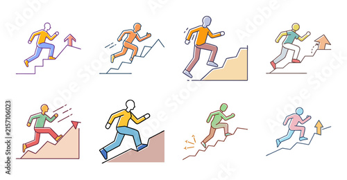 Happy people exercising in colorful park setting - A cheerful group of diverse individuals engaging in fun outdoor activities like running, jumping, and playing in a vibrant park environment.