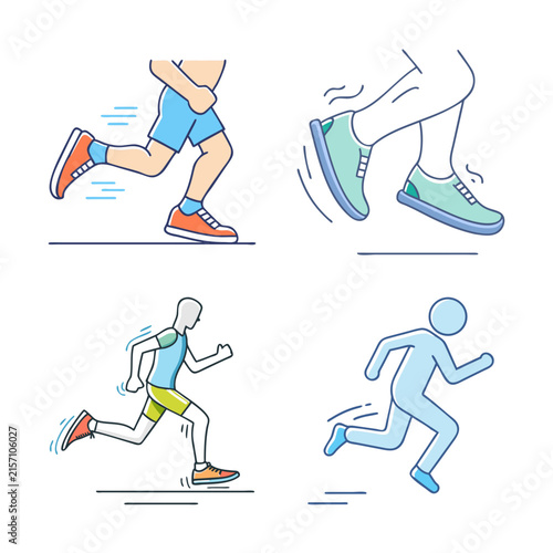 Four athletes running and jumping in colorful sneakers - Bright vector illustration showing four dynamic poses of runners and jumpers in stylish athletic shoes.