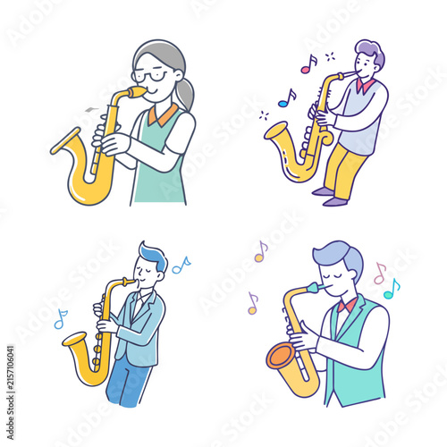 Four cartoon musicians playing jazz instruments - Colorful cartoon illustration of musicians playing saxophone and trumpet in a playful jazz style.