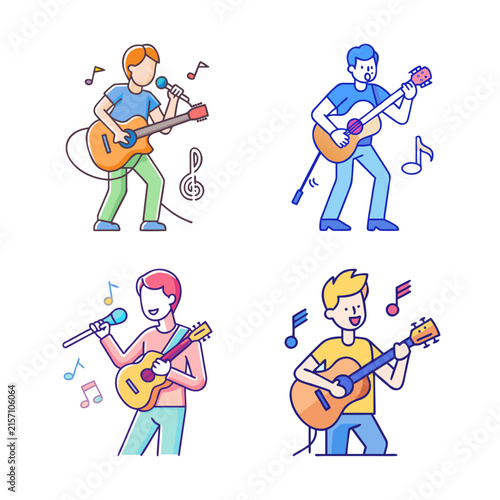 Four cartoon musicians playing guitars happily - Colorful cartoon characters joyfully playing guitars in a fun, vibrant style with cheerful expressions