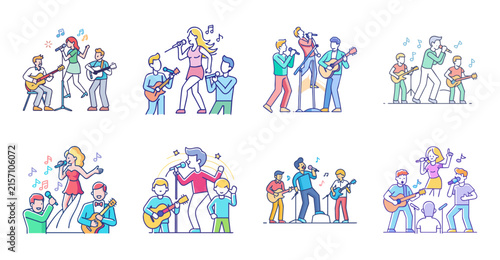 Diverse people socializing at outdoor community event - Colorful illustration of friendly groups chatting, laughing, and enjoying together in an open public space with trees.