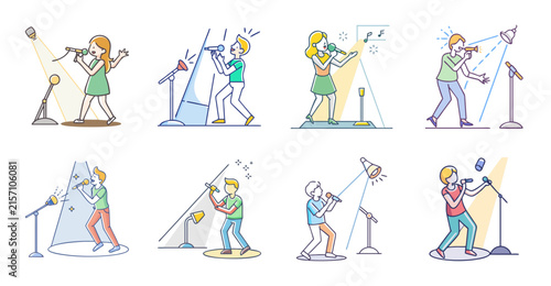 People doing various exercise routines - Illustrated vector icons of diverse people exercising with weights, stretching, and working out in a simple and friendly style.