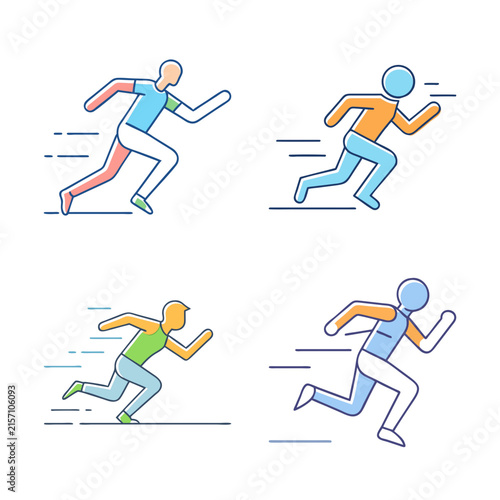 Four athletes running in different styles - Colorful vector icons of four runners in dynamic poses, showing varied sprinting techniques and body positions.