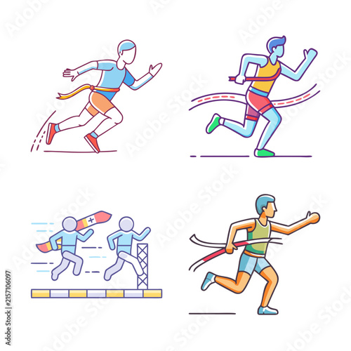 Athletes racing in colorful track and field event - Four animated athletes competing in a vibrant track and field race with hurdles and jumping events.