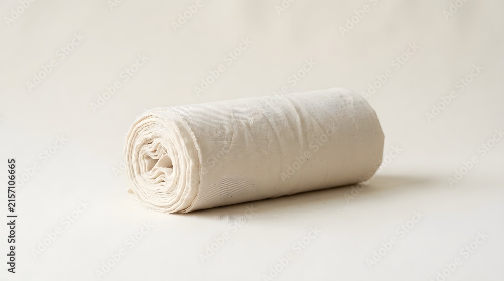 Obraz premium Roll of natural white cotton fabric or unbleached muslin textile on a clean neutral studio background