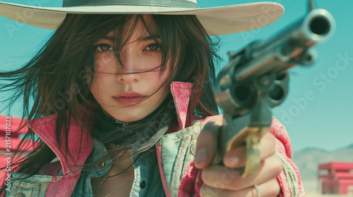 Stylized Cowgirl Portrait Aiming Rifle in Colorful Western Scene